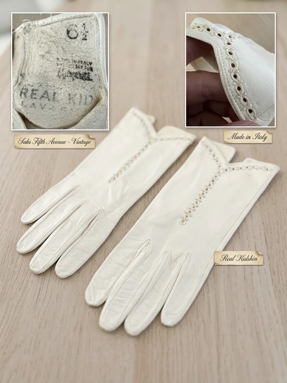 Vintage White Real Kid Leather Women's Gloves - Made in Italy, 6 1/2